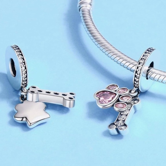 Puppy Paw Pink Crystal and silver bone sterling silver charm fits all Pa… - Picture 2 of 3